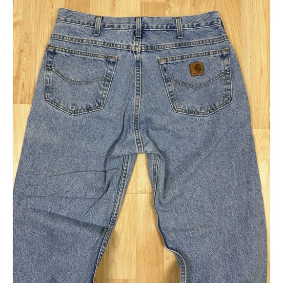 Vintage 90s Y2K Carhartt Blue Jeans / Leather Patch / Size 34 x 32 - Picture 4 of 9